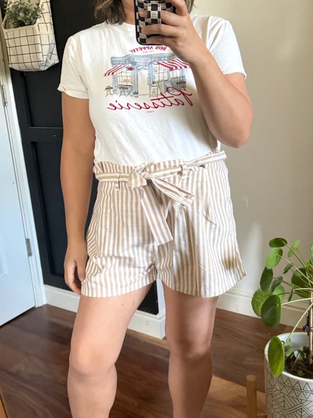 Love Tree- Tan Striped High Rise Waist Tie Short. Size L